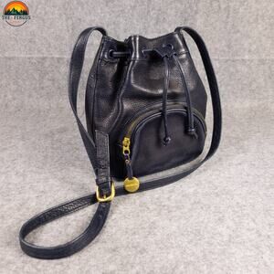 Sereta Drawstring Bucket Bag Blue Dark Navy Leather Crossbody Adjustable Strap